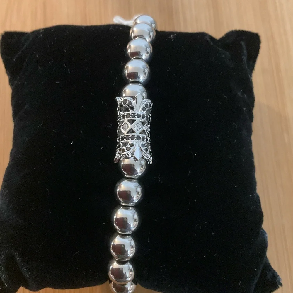 Hand Crafted Silver Beaded Bracelet Pave Stretch 7” Unisex Steel Beads